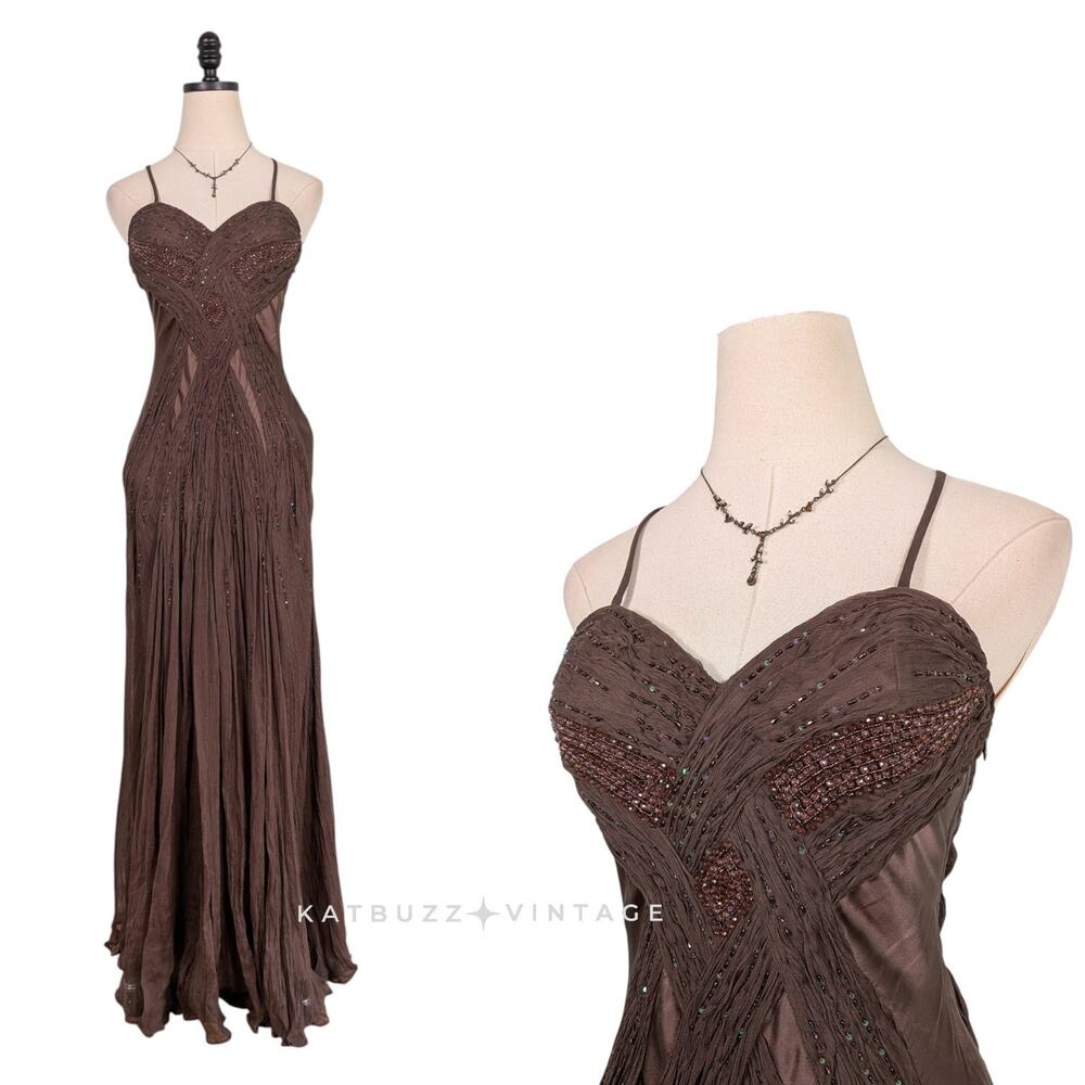 Vintage Nina Austin Silk Prom Dress Maxi Gown S Brown Fairy 90S Y2K Bead Sequin